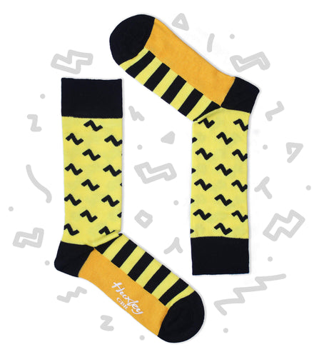 Yellow and Black Zig Zag and Stripes Bamboo Socks